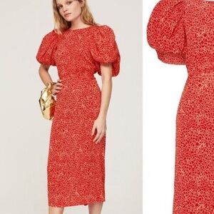 Rotate Birger Christensen Jacquard Midi Puffy Dress in red